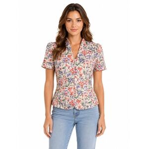 Maggy London 100% Silk Structured Blouse 10 Floral Shimmer Button Up Romantic